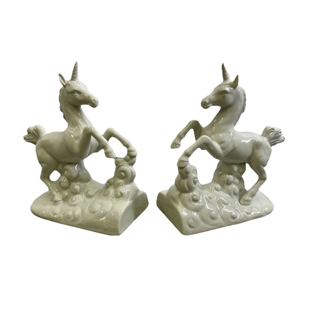 Unicorn Waves Figurine Bookends pair Japan Otagiri White Porcelain Fantasy
